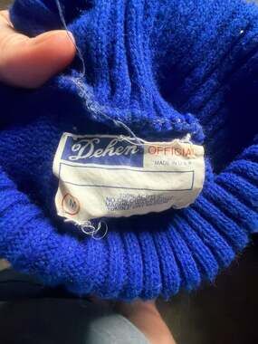 Vintage Dehen Official Blue Ribbed Turtleneck Sweater, White Stripes, Size M